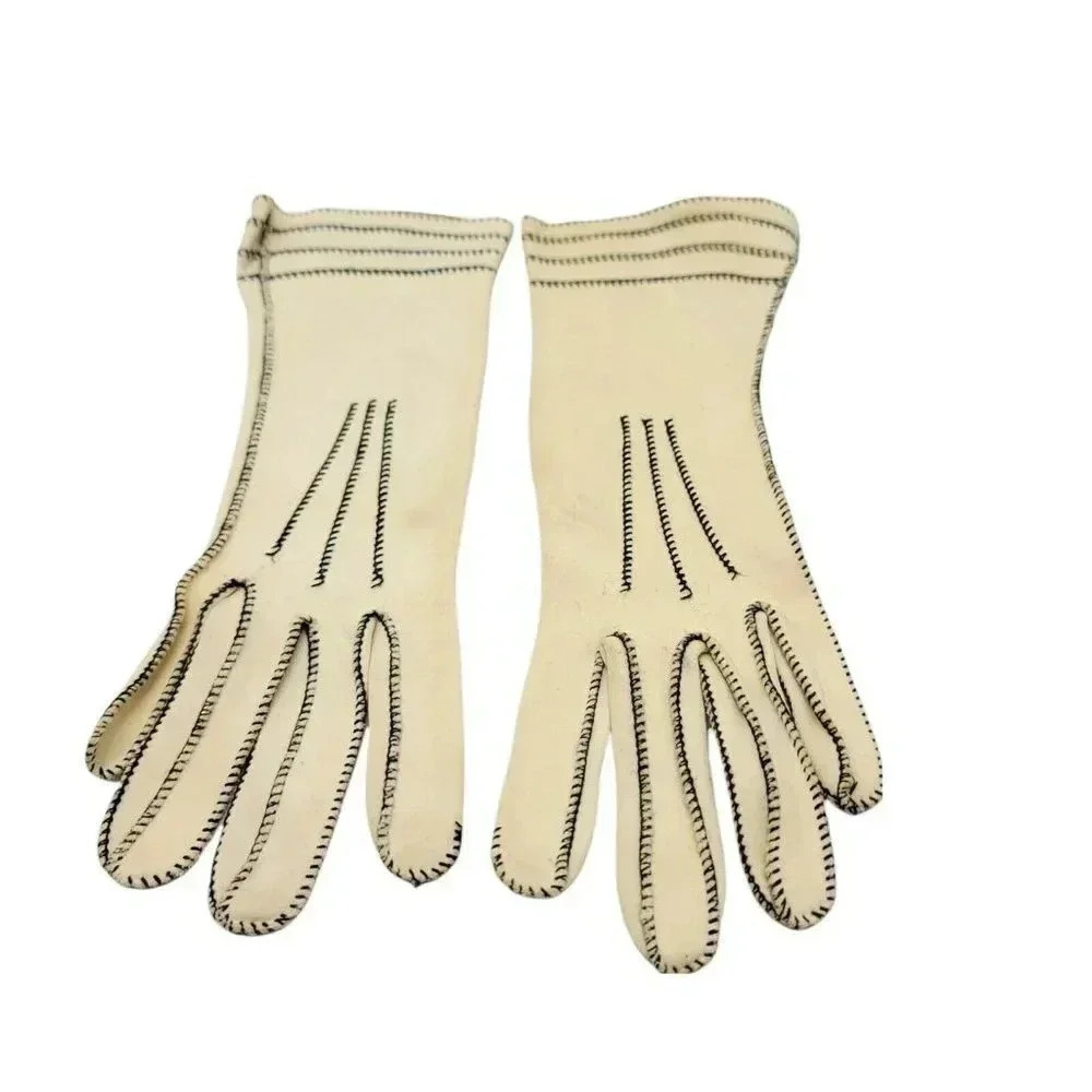 Beige Black Stitched Vintage Driving Gloves Cotton Womens Mid Century